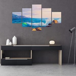 Obraz vln narážejících na útesy, olejomalba (125x70 cm)