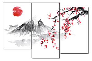 Obraz na plátně - Tradiční sumi-e obraz: sakura, slunce a hory 1271D (90x60 cm)