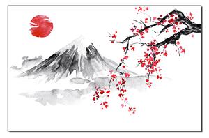 Obraz na plátně - Tradiční sumi-e obraz: sakura, slunce a hory 1271A (60x40 cm)