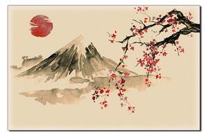 Obraz na plátně - Tradiční sumi-e obraz: sakura, slunce a hory 1271FA (120x80 cm)