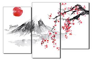 Obraz na plátně - Tradiční sumi-e obraz: sakura, slunce a hory 1271C (90x60 cm)