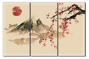 Obraz na plátně - Tradiční sumi-e obraz: sakura, slunce a hory 1271FB (90x60 cm )