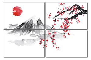 Obraz na plátně - Tradiční sumi-e obraz: sakura, slunce a hory 1271E (150x100 cm)