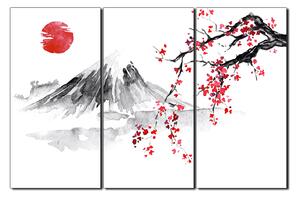 Obraz na plátně - Tradiční sumi-e obraz: sakura, slunce a hory 1271B (90x60 cm )