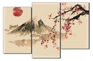 Obraz na plátně - Tradiční sumi-e obraz: sakura, slunce a hory 1271FC (150x100 cm)