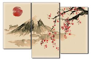 Obraz na plátně - Tradiční sumi-e obraz: sakura, slunce a hory 1271FD (105x70 cm)