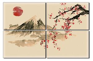 Obraz na plátně - Tradiční sumi-e obraz: sakura, slunce a hory 1271FE (150x100 cm)