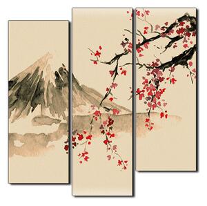 Obraz na plátně - Tradiční sumi-e obraz: sakura, slunce a hory - čtverec 3271FC (75x75 cm)