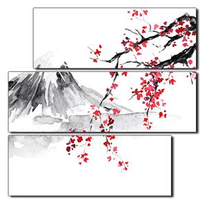 Obraz na plátně - Tradiční sumi-e obraz: sakura, slunce a hory - čtverec 3271D (75x75 cm)