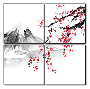 Obraz na plátně - Tradiční sumi-e obraz: sakura, slunce a hory - čtverec 3271E (60x60 cm)