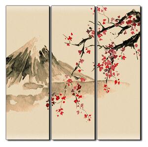 Obraz na plátně - Tradiční sumi-e obraz: sakura, slunce a hory - čtverec 3271FB (75x75 cm)