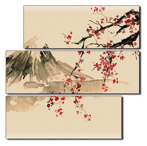 Obraz na plátně - Tradiční sumi-e obraz: sakura, slunce a hory - čtverec 3271FD (75x75 cm)