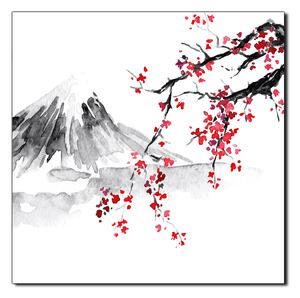 Obraz na plátně - Tradiční sumi-e obraz: sakura, slunce a hory - čtverec 3271A (50x50 cm)