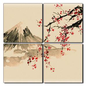 Obraz na plátně - Tradiční sumi-e obraz: sakura, slunce a hory - čtverec 3271FE (60x60 cm)
