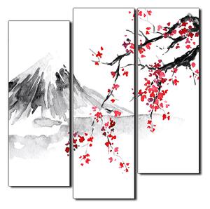 Obraz na plátně - Tradiční sumi-e obraz: sakura, slunce a hory - čtverec 3271C (75x75 cm)