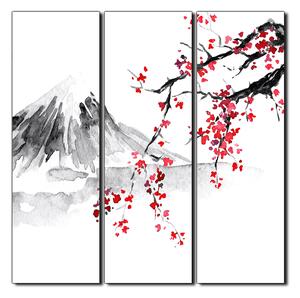 Obraz na plátně - Tradiční sumi-e obraz: sakura, slunce a hory - čtverec 3271B (75x75 cm)