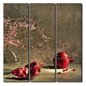 Obraz na plátně - Zátiší - větev a granátové jablko - čtverec 3274B (75x75 cm)