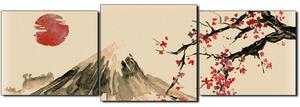 Obraz na plátně - Tradiční sumi-e obraz: sakura, slunce a hory - panoráma 5271FD (150x50 cm)