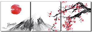 Obraz na plátně - Tradiční sumi-e obraz: sakura, slunce a hory - panoráma 5271B (90x30 cm)