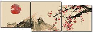 Obraz na plátně - Tradiční sumi-e obraz: sakura, slunce a hory - panoráma 5271FE (150x50 cm)