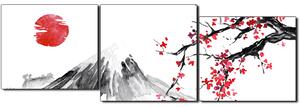 Obraz na plátně - Tradiční sumi-e obraz: sakura, slunce a hory - panoráma 5271E (90x30 cm)
