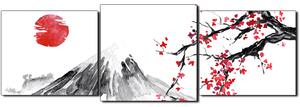 Obraz na plátně - Tradiční sumi-e obraz: sakura, slunce a hory - panoráma 5271D (150x50 cm)