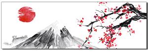 Obraz na plátně - Tradiční sumi-e obraz: sakura, slunce a hory - panoráma 5271A (105x35 cm)