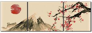 Obraz na plátně - Tradiční sumi-e obraz: sakura, slunce a hory - panoráma 5271FC (90x30 cm)