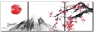 Obraz na plátně - Tradiční sumi-e obraz: sakura, slunce a hory - panoráma 5271C (150x50 cm)