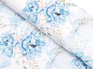 Teflonová látka na ubrusy TF-087 Modré květy na geometrickém bílém - šířka 155 cm