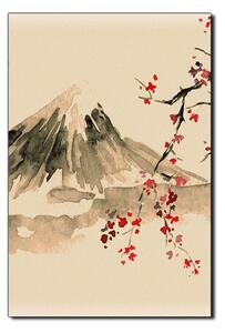 Obraz na plátně - Tradiční sumi-e obraz: sakura, slunce a hory - obdélník 7271FA (90x60 cm )
