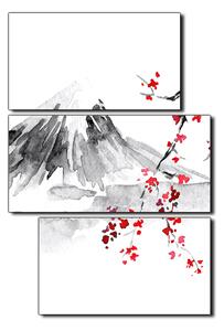Obraz na plátně - Tradiční sumi-e obraz: sakura, slunce a hory - obdélník 7271D (90x60 cm)
