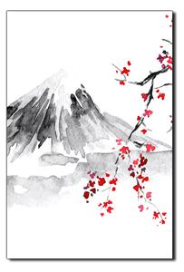 Obraz na plátně - Tradiční sumi-e obraz: sakura, slunce a hory - obdélník 7271A (120x80 cm)