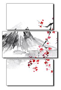 Obraz na plátně - Tradiční sumi-e obraz: sakura, slunce a hory - obdélník 7271C (90x60 cm)