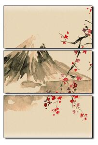 Obraz na plátně - Tradiční sumi-e obraz: sakura, slunce a hory - obdélník 7271FB (90x60 cm )