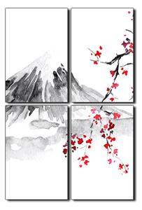 Obraz na plátně - Tradiční sumi-e obraz: sakura, slunce a hory - obdélník 7271E (120x80 cm)