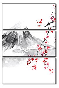 Obraz na plátně - Tradiční sumi-e obraz: sakura, slunce a hory - obdélník 7271B (90x60 cm )