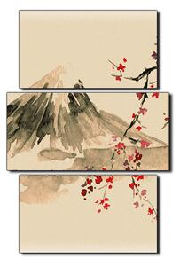Obraz na plátně - Tradiční sumi-e obraz: sakura, slunce a hory - obdélník 7271FC (105x70 cm)
