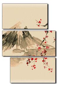 Obraz na plátně - Tradiční sumi-e obraz: sakura, slunce a hory - obdélník 7271FD (120x80 cm)