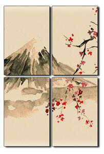 Obraz na plátně - Tradiční sumi-e obraz: sakura, slunce a hory - obdélník 7271FE (90x60 cm)