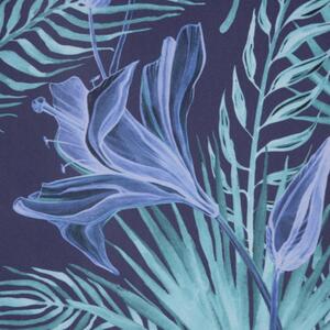 Modrý ozdobný závěs na okno s tropickým motivem