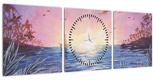Obraz - Západ slunce nad vodou, aquarel (s hodinami) (90x30 cm)
