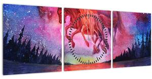 Obraz - Zjevení vesmírných koňů nad jezerem, aquarel (s hodinami) (90x30 cm)