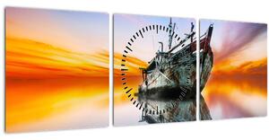 Obraz - Svítání nad vrakem lodi (s hodinami) (90x30 cm)