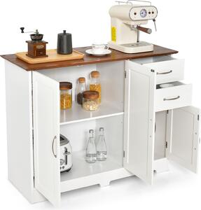 COSTWAY Příborník Kuchyňská skříňka bílá, Kuchyňský ostrov s pracovní deskou 100 × 40 cm Bufetová skříňka se 3 dveřmi, 2 zásuvkami a nastavitelnými policemi