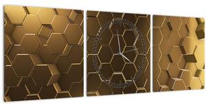 Obraz - Zlaté hexagony (s hodinami) (90x30 cm)