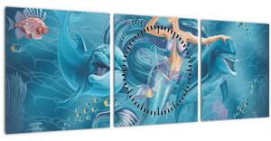 Obraz - Mořská víla s delfíny (s hodinami) (90x30 cm)