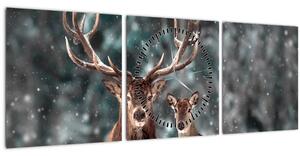 Obraz - Jelen a laň v zasněženém lese (s hodinami) (90x30 cm)