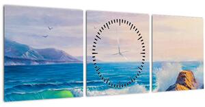Obraz vln narážejících na útesy, olejomalba (s hodinami) (90x30 cm)