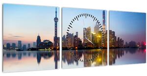 Obraz ranního nebe nad Šanghají (s hodinami) (90x30 cm)